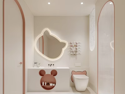 Cute Modern Bathroom Interior Design With Bear Shaped Mirror Vanity And Toilet 3d model