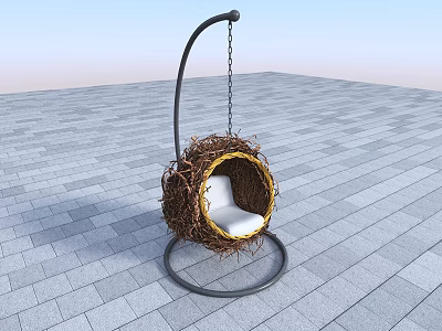 Outdoor Hanging Garden Ornament With Bird Nest Shaped Woven Design White Cushion And Metal Stand 3d model