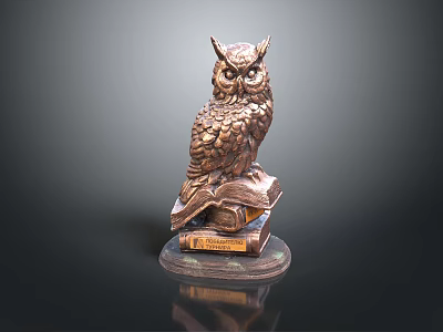 Detailed Bronze Owl Statue Perched On Open Book With Circular Base 3d model