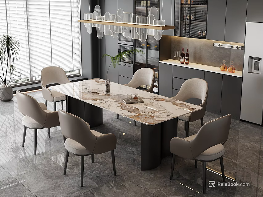 Modern Kitchen Dining Interior with Marble Table Light Gray Chairs Gray Cabinets Chandelier and Plant 3d model 