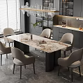 Modern Kitchen Dining Interior with Marble Table Light Gray Chairs Gray Cabinets Chandelier and Plant