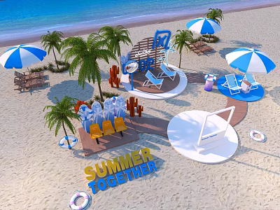 Summer Together Beach Scene With Blue White Umbrellas Palm Trees And Seating 3d model