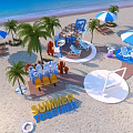 Summer Together Beach Scene With Blue White Umbrellas Palm Trees And Seating