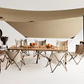 Outdoor Wooden Table With Folding Chairs Beige Canopy Oranges Cups And Grill Setup