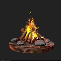 Bonfire Scene With Burning Flames Stacked Logs Stones And Circular Wooden Base