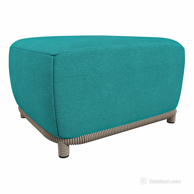 Stylish Turquoise Fabric Ottoman With Wicker Trim And Wooden Legs 3d model 