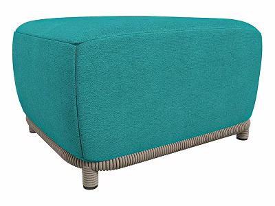Stylish Turquoise Fabric Ottoman With Wicker Trim And Wooden Legs 3d model