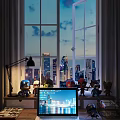 Laptop Screen Showing City Night View On Desk With Marvel Figurines Star Lights White Curtains