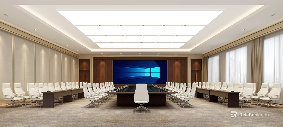 Spacious Modern Conference Room Interior With Long Table White Chairs Wooden Walls And Large Screen 3d model 