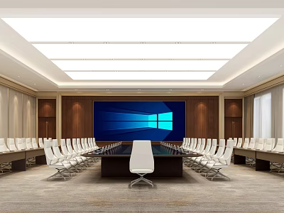 Spacious Modern Conference Room Interior With Long Table White Chairs Wooden Walls And Large Screen 3d model