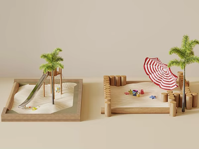 Outdoor Playground Equipment with Slide Sandpit Striped Umbrella Palm Trees Building Blocks and Wooden Fences 3d model