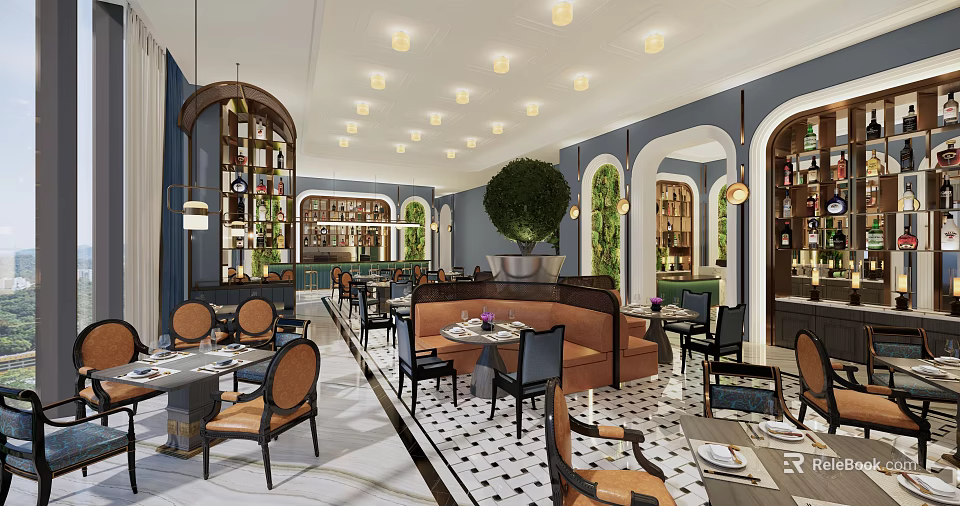 Elegant Restaurant Interior With Blue Walls Arched Doorways Pendant Lights Green Plants And Brown Banquettes 3d model 