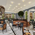 Elegant Restaurant Interior With Blue Walls Arched Doorways Pendant Lights Green Plants And Brown Banquettes