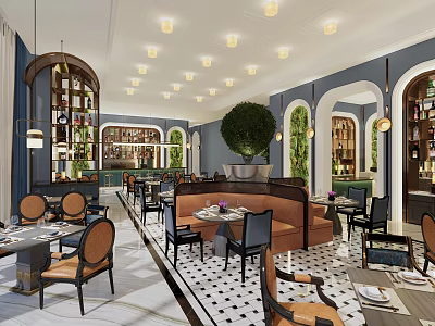 Elegant Restaurant Interior With Blue Walls Arched Doorways Pendant Lights Green Plants And Brown Banquettes 3d model