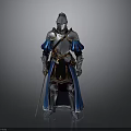 Man In Medieval Knight Armor With Silver Blue Accents And Sword Standing