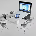 Modern White Conference Table With Chairs Laptop And Large Screen Monitor For Business Meetings