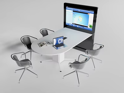 Modern White Conference Table With Chairs Laptop And Large Screen Monitor For Business Meetings 3d model