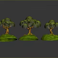 Three Green Decorative Trees With Lush Canopies And Exposed Roots On Grass Base