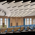 School’s Modern Auditorium With Blue Seats And Stage