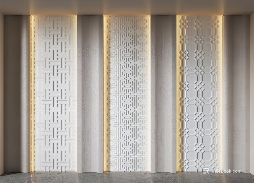 Three Modern White Wall Panels With Intricate Geometric Patterns And Lighting 3d model