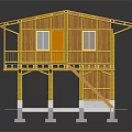 Cartoon Scene of Yellow House with Yellow Roof White Support Columns Railing and Stairs
