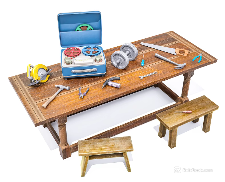 Wooden Functional Workbench with Blue Toolbox Hammer Screwdriver Tools and Small Stools 3d model