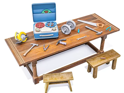 Wooden Functional Workbench with Blue Toolbox Hammer Screwdriver Tools and Small Stools 3d model