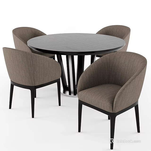 Stylish Modern Round Dining Table with Four Light Brown Comfortable Chairs 3d model