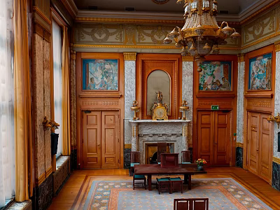 Elegant Classic Living Room With Chandelier Paintings Fireplace And Wooden Doors 3d model