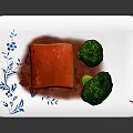 Delicious Meal With Red Cooked Meat Green Broccoli On White Plate With Blue Floral Patterns