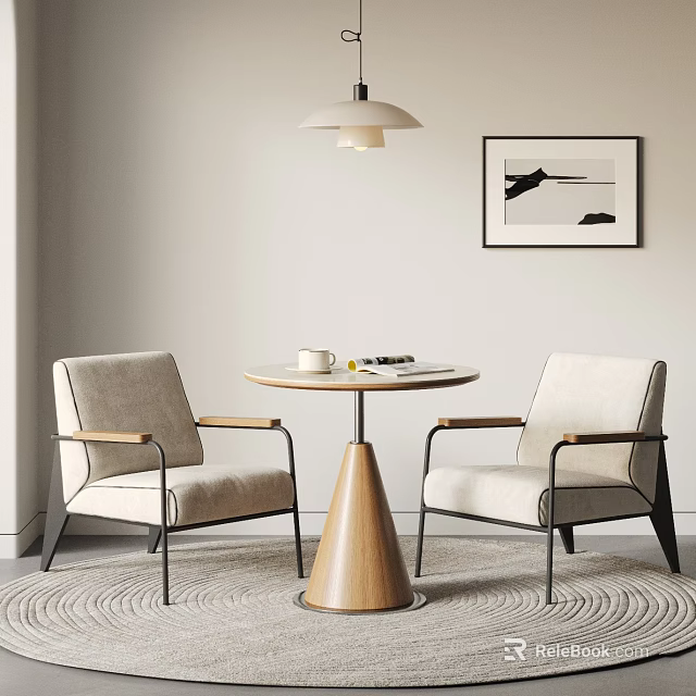 Modern Wooden Round Table and Upholstered Armchairs Set with Floor Rug Ceiling Lamp and Wall Art 3d model 