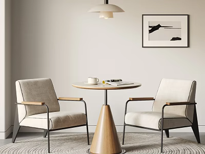 Modern Wooden Round Table and Upholstered Armchairs Set with Floor Rug Ceiling Lamp and Wall Art 3d model