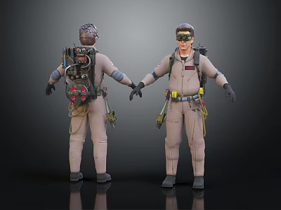 Two men in full body beige uniform with tactical gear standing front and back 3d model Two men in full body beige uniform with tactical gear standing front and back 3d model