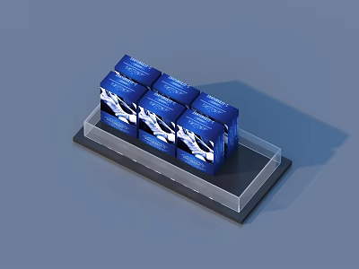 Six Blue Packaged Household Items With White Patterns On Transparent Top Black Base Display Stand 3d model