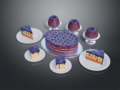 Delicious Purple Checkerboard Cake With Sliced Pieces And Creamy Dessert Cups 3d model