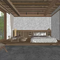 Minimalist Hotel Room With Wooden Ceiling King Bed Floor To Ceiling Window And Green Plants