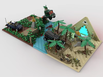 Lego Building Blocks Scene With Jungle Pyramid Vehicles River And Palm Trees 3d model