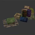 Wooden Pallets With Crates Red Blue Barrels And Green Cloth Arrangement