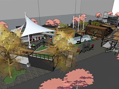 Vibrant Commercial Street Design With White Canopies Pink Cherry Blossom Trees And Wooden Stalls 3d model