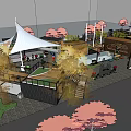 Vibrant Commercial Street Design With White Canopies Pink Cherry Blossom Trees And Wooden Stalls