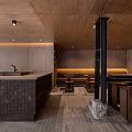 Modern Restaurant Interior With Wooden Ceiling Glass Walls And Bar Counter