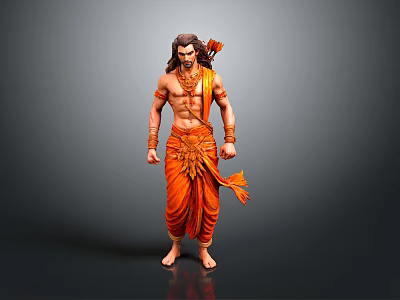 Man With Long Hair In Orange Traditional Attire And Ornamental Details Standing 3d model