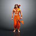 Man With Long Hair In Orange Traditional Attire And Ornamental Details Standing