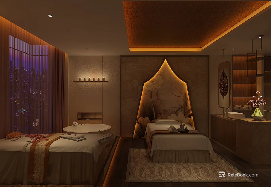 SPA Sauna Room With Elegant Interior Warm Lighting Massage Beds And Bathtub 3d model 