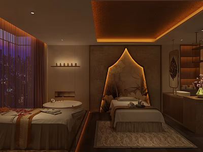 SPA Sauna Room With Elegant Interior Warm Lighting Massage Beds And Bathtub 3d model