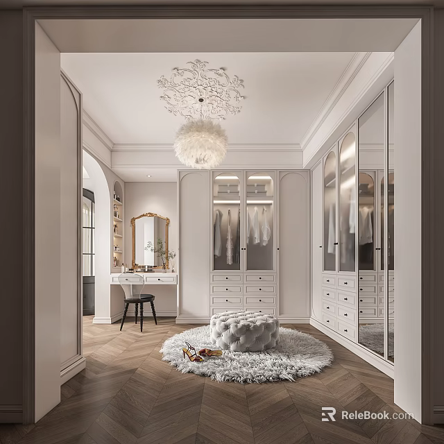 Elegant Walk in Closet With Mirrored Wardrobes Dressing Table And Fluffy Rug 3d model 