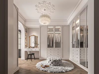 Elegant Walk in Closet With Mirrored Wardrobes Dressing Table And Fluffy Rug 3d model