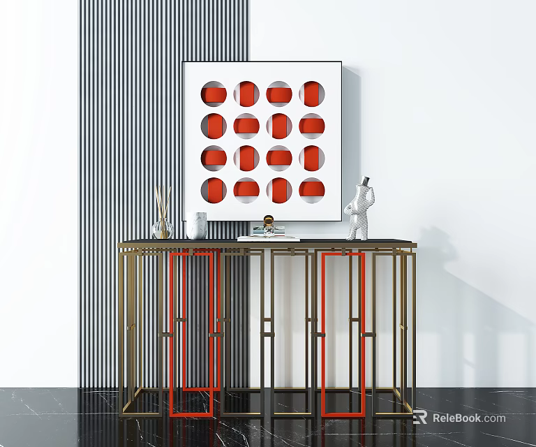 Modern Console Table With Gold Frame Red Circle Painting On Black And White Striped Background 3d model 