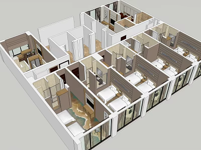 Hotel Guest Rooms Layout Design With Multiple Bedrooms Windows And Furniture Arrangement 3d model