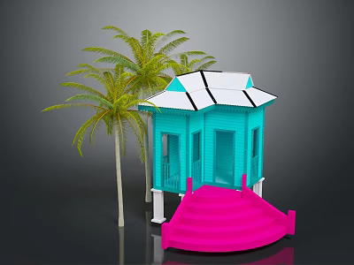 Turquoise Cabin with White Roof and Pink Steps Near Palm Trees 3d model